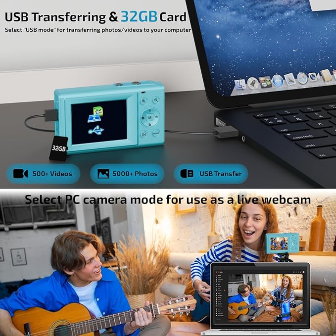 Upgrade Digital Camera, FHD 4K 44MP Autofocus Digital Point and Shoot YouTube Camera with 16X Zoom, 32GB SD Card, Compact Digital Camera Cheap for Teens Boys Girls Kids Blue Camera