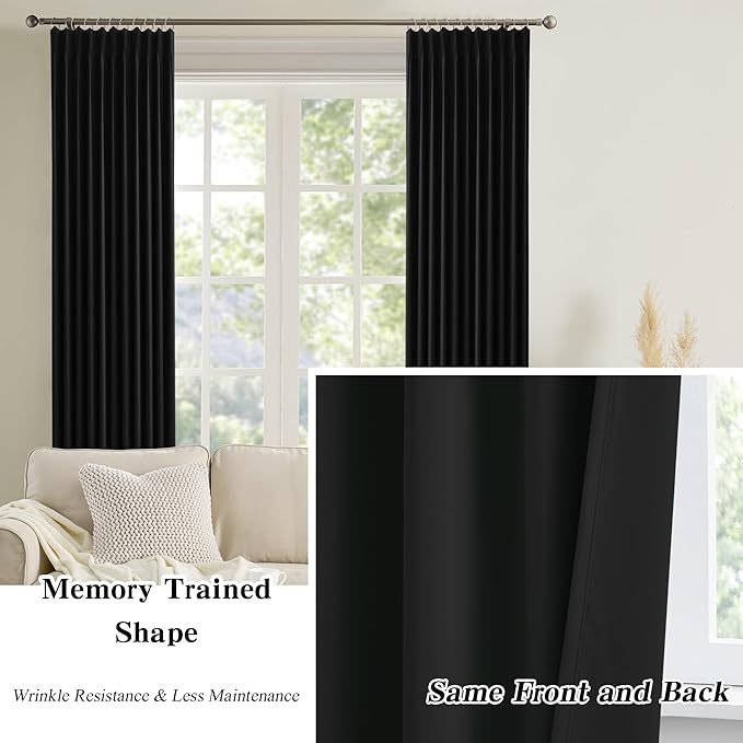 KEQIAOSUOCAI 60 Inch Wide Black Pinch Pleated Curtains 60 x 105, Thermal Insulated Noise Cancelling Living Room Office Drapes 105 Inches Long, Patio Sliding Glass Door Window Curtain 2 Panels