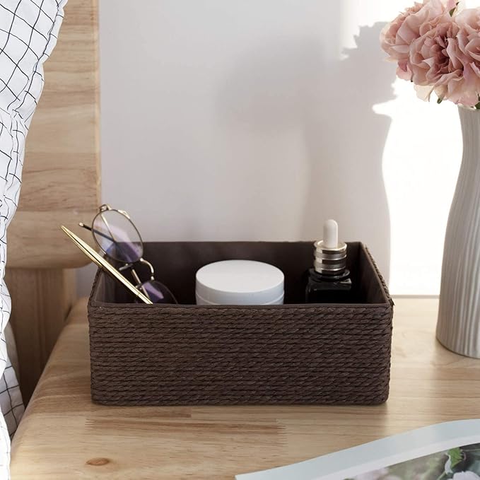 LA JOLIE MUSE Paper Rope Woven Storage Basket Set of 4 with Fabric Liner, Stackable Multipurpose Organizer Bin, Brown
