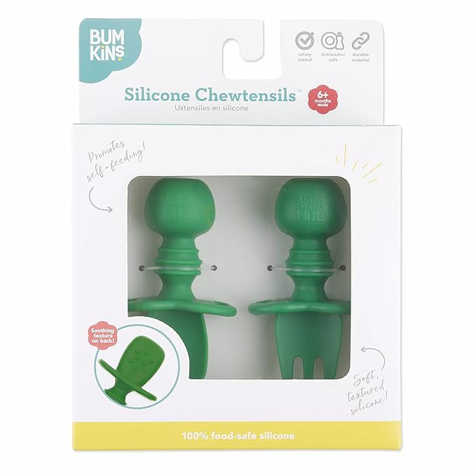 Bumkins Baby Utensils Set, Chewtensils Silicone Spoons for Dipping, Self-Feeding, Baby Led Weaning, Trainer Learning, First Stage Eating, Soft Practice Fork and Spoon, Babies 6 Months, Jade Green