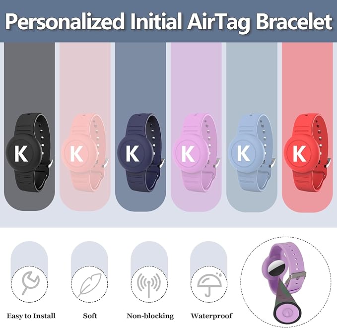 Waterproof Bracelet for AirTag Kids, Personalized Initial Letter Hidden Holder Compatible with Air Tag, Silicone Case for Airtag Adjustable Anti-Lost GPS Tracker for Toddler Child Elder, K