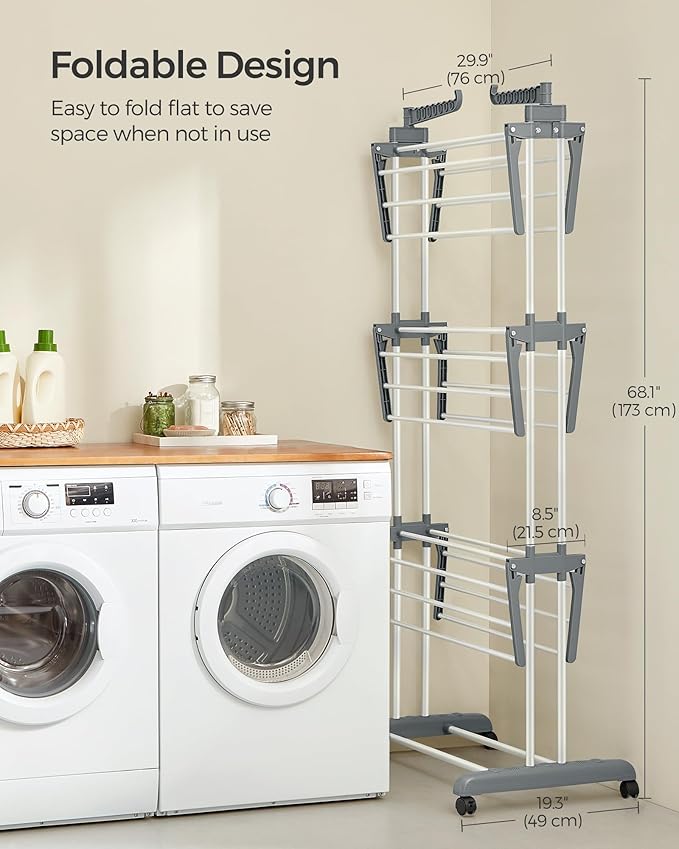 SONGMICS Clothes Drying Rack Stand 4-Tier, Foldable Laundry Drying Rack 68.1-Inch Tall, Steel, Rolling Clothes Horses Dryer Rack, Easy to Assemble, Indoor Outdoor Use, White ULLR701W01