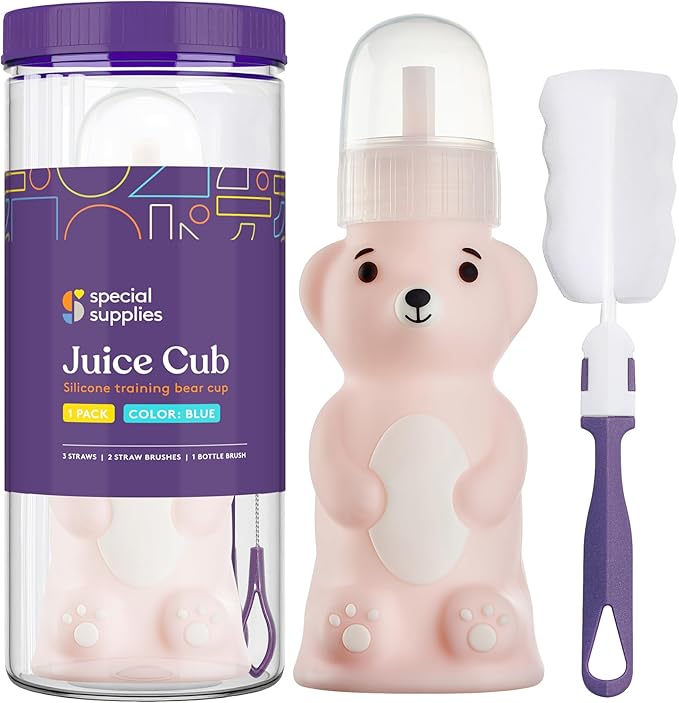 Special Supplies Honey Bear Straw Cup Long Straws, Squeezable Therapy and Special Needs Assistive Drink Container, Spill Proof and Leak Resistant Lid (Pack of 1 Bottle and 3 Straws) (Pink)