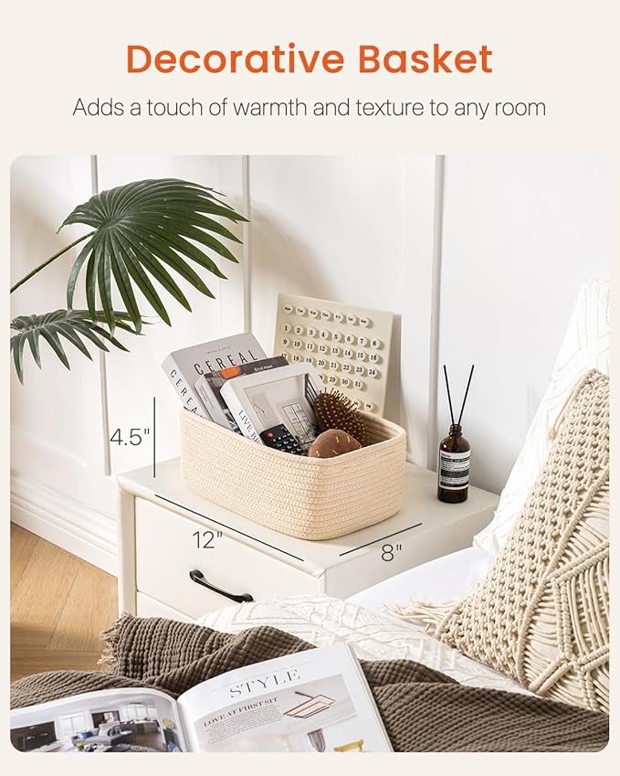 KALLAX Small Woven Basket, 12 x 8 x 4.5 Inches, Storage Basket for Organizing, Cute Small Rope Shelf Closet Cube Storage Bins Baskets for Shelves, Dog Toy Gift Baskets Empty, 3 Packs, Beige