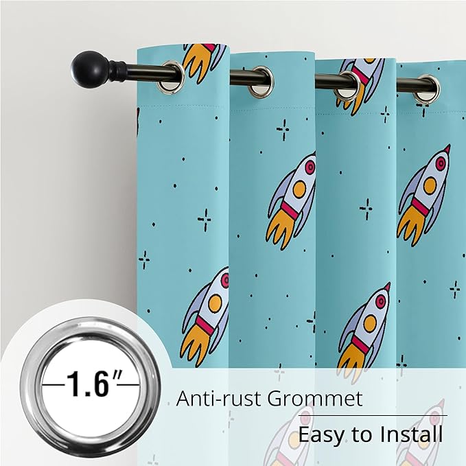 Kids Space Rockets Blackout Curtains - 100% Blackout, Thermal Insulated, Noise Reducing, Perfect for Kids Room and Nursery, 2 Panels (Aqua Mini Rockets, W52×L63)