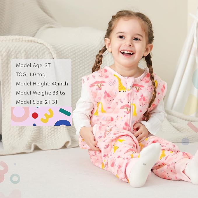 HOMEAL Toddler Sleep Sack, Sleeveless Sleep Sack with Legs 2T-3T, 1.0 TOG Wearable Blanket Baby, Pink