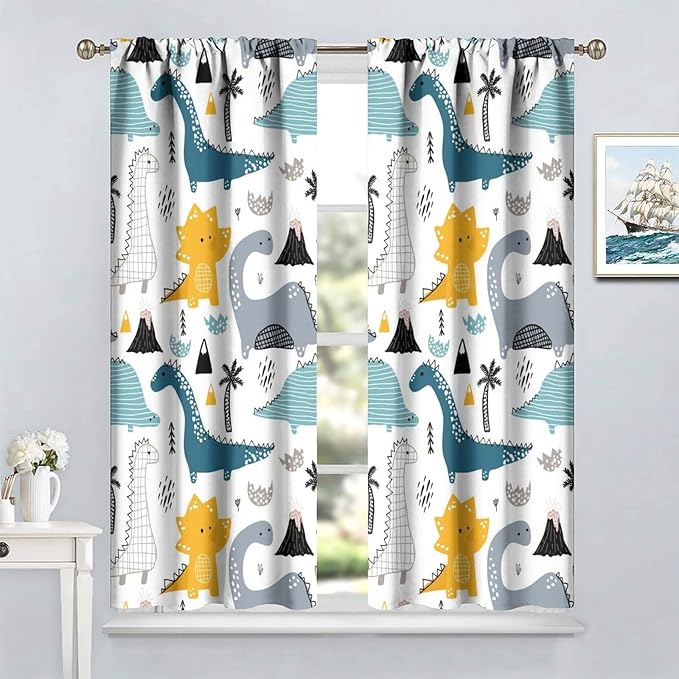 Kids Dinosaur Curtains for Boys Girls Bedroom Decor Cartoon Dino Colorful Cute Funny Wildlife Animal Printed Blackout Rod Pocket Window Drapes for Baby Nursery Playroom Living Room W21xL63in 2 Panels