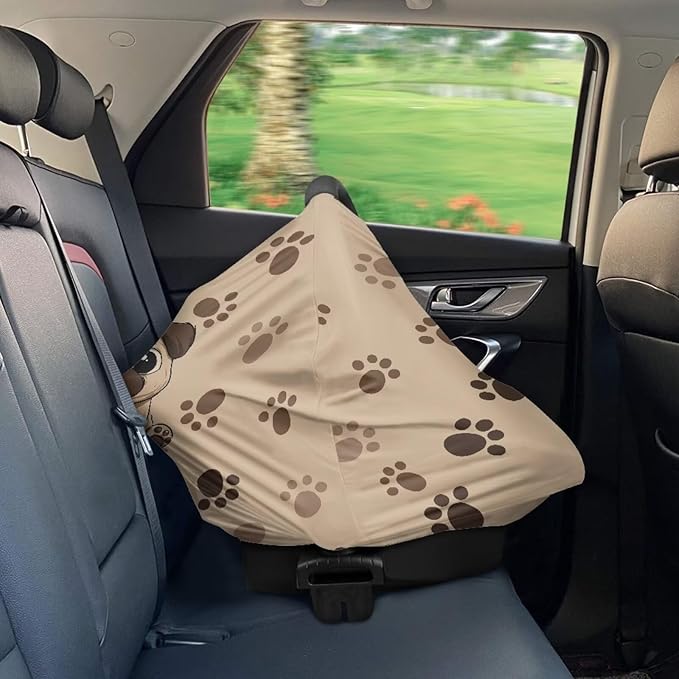 Binienty Brown Dog Paw Prints Infant Carseat Canopy for Boys Girls - Pug Animal Stretchy Breathable Soft Infants Stroller Cover Cozy Car Seat Covers