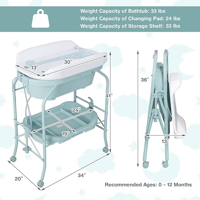 HONEY JOY Baby Changing Table with Bathtub, Foldable Infant Diaper Changing Station with Wheels, Storage Tray, Waterproof Pad, Portable Newborn Nursery Organizer Bath Stand for Boys Girls (Blue)