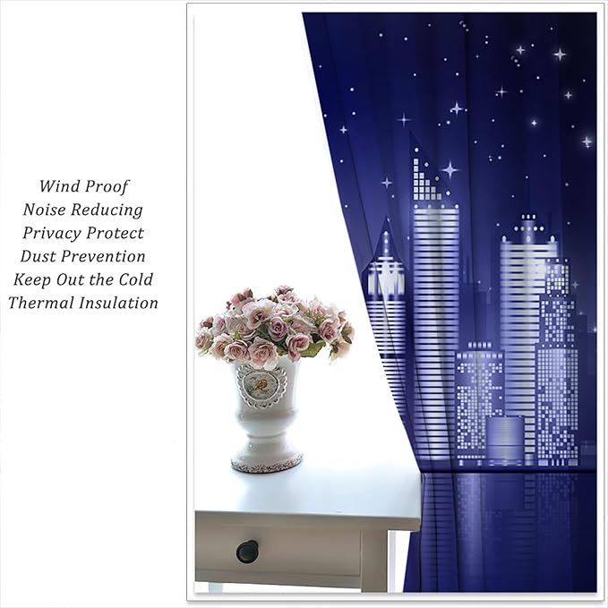 City Rod Pocket Blackout Curtains for Boy Girl Bedroom, New York Skyline Modern City Starry Sky Night View Home Energy Efficient Light Filtering Window Curtain for Living Room, 63x63 inch