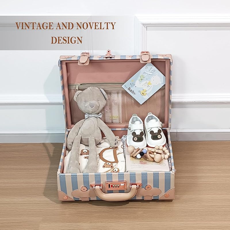 Unitravel Baby Keepsake Case, 16" Handmade Memory Storage Box, Newborn Keepsake Box, Vintage Suitcase for Baby Shower, Baptism, Naming Ceremony or Birthday (blue strip)