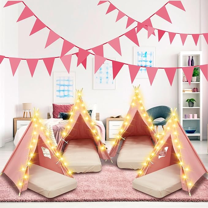 6 Pack Sleepovers Teepee Tent for Kids Bulk with Mattress Sheet Light,Natural Cotton Washable Indoor Play Tent for Birthday Slumber Party Girls Boys Pajama Movie Night Supplies(Pink)