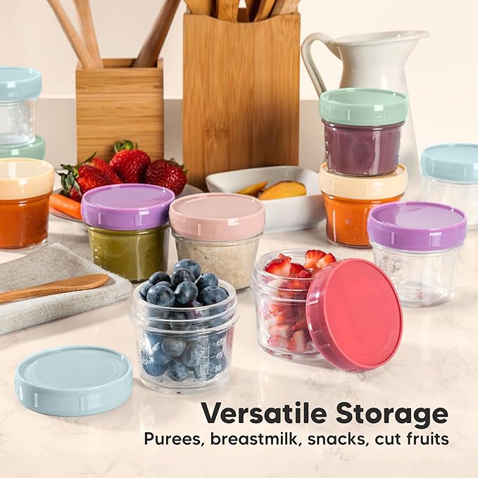 KeaBabies 4pk 8oz Glass Baby Food Containers with Lids - Leak-Proof, Microwavable Small Glass Jars, Baby Purees & Toddler Snack Storage Containers, BPA-Free, Dishwasher & Freezer Safe (Kea)
