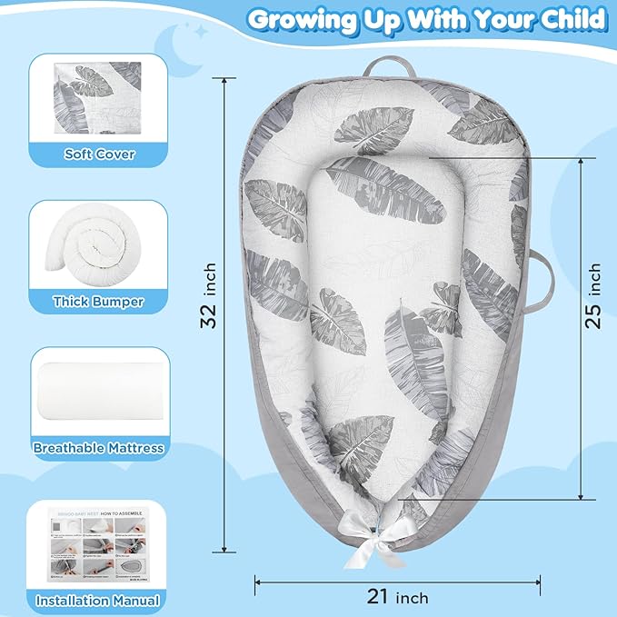 Baby Lounger - Baby Lounger for Newborn 0-24 Months, Breathable and Soft Cotton Cover Baby Nest, Portable Cozy Tummy Time Lounger for Home and Travel, Ideal Baby Essentials & Shower Gifts