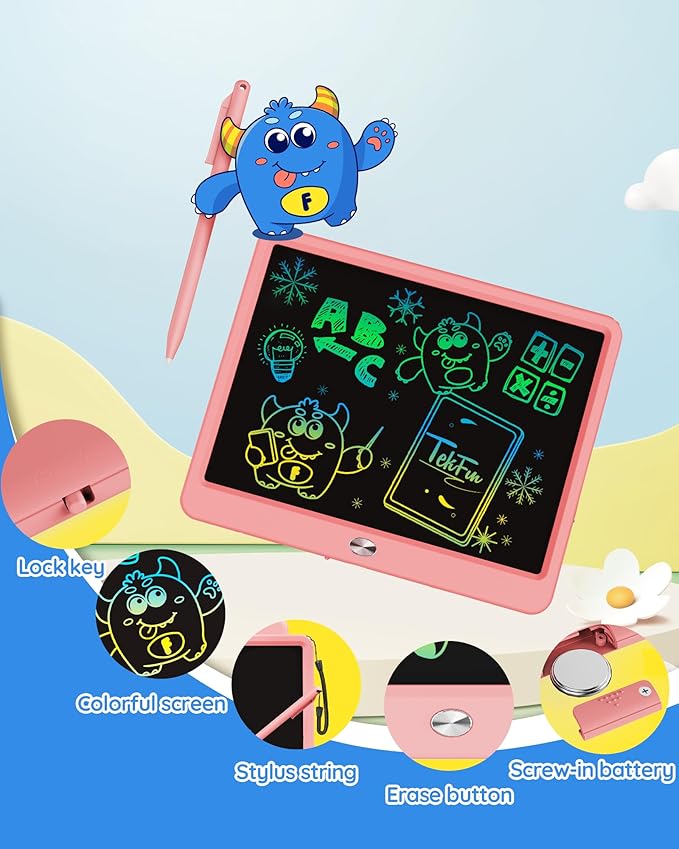 TEKFUN LCD Writing Tablet for Kids Girls Toys, 12 Inch Erasable Drawing Tablet Doodle Board Colorful Doodle Pad, Gifts for Toddlers Girls Adults (Pink)