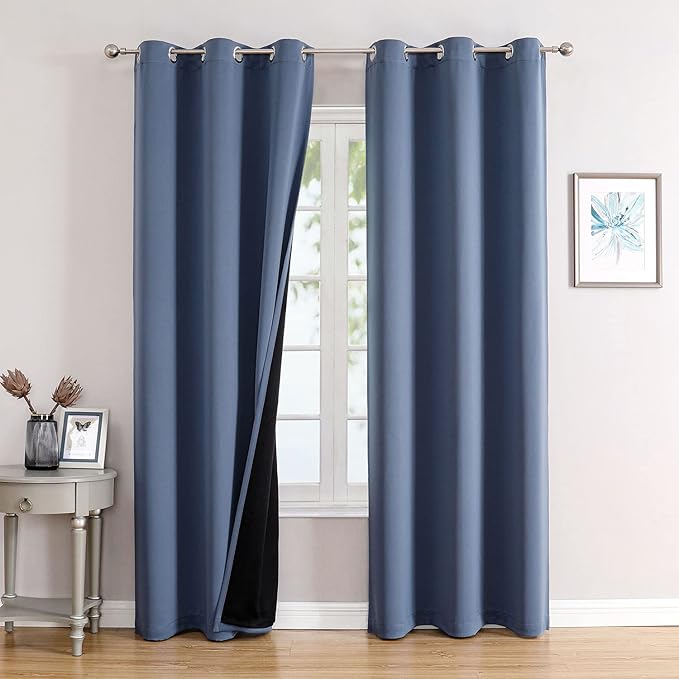 ChrisDowa 100% Blackout Curtains 72 inch Long for Bedroom with Black Liner, 2 Thick Layers Total Blackout Thermal Insulated Grommet Window Curtains 2 Panels Set (Stone Blue, 42 x 72 Inch)