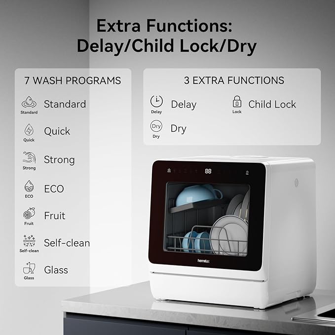 Hermitlux Countertop Dishwasher, 7 Washing Programs Portable Mini Dishwasher with 5-Liter Built-in Water Tank for Apartments & RVs, LED Light, Glass Door, No Hookup Needed