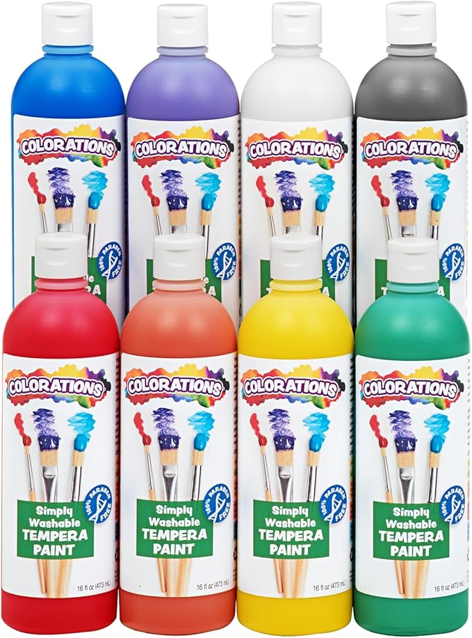 Colorations Paraben-Free Simply Washable Tempera Paint, Rainbow Plus 8 Pack, Matte Finish, Classroom Supplies, Vibrant Colors, Non-Toxic, Washes Off Easily, School, Craft, Art Supply Set, Each 16oz