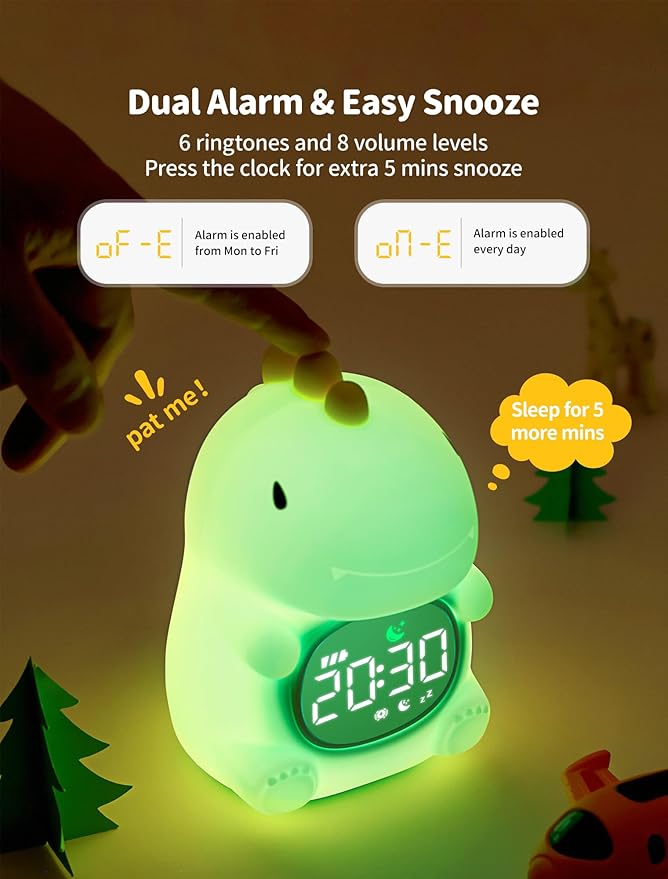 MASHI Kids Alarm Clock, Toddler Sleep Training Clock with Sun & Moon, Sleep Sound Machine, Night Lights, Ok to Wake Dinosaur Clock, Gift Ideas for Kids Child