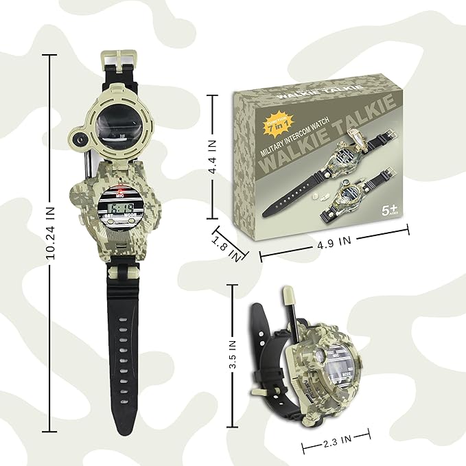 Walkie Talkies for Kids Rechargeable, Spy Watch Army Toys, 7 in 1 Walkie Talkie Watches with Flashlight, Two-Way Radios Long Range Interphone Toy Gifts for Boys Girls fit Outdoor Game Camping