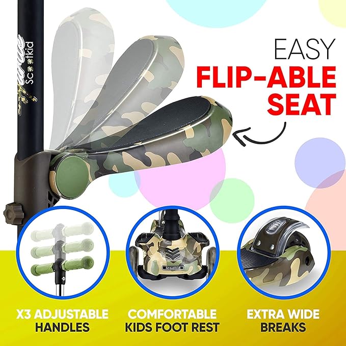 Hurtle 3-Wheeled Scooter for Kids - Wheel LED Lights, Adjustable Lean-to-Steer Handlebar, and Foldable Seat - Sit or Stand Ride with Brake for Boys and Girls Ages 1-14 Years Old