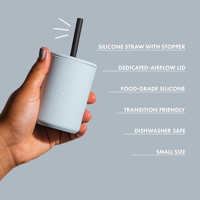 Avanchy Silicone Training Sippy Cup with Straw Lid – Tiny Cup for Babies 6+ Months to Toddlers 1 Year Old – 5 oz Infant Water Cup for Baby Led Weaning, Gray