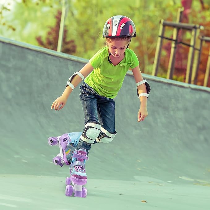 Rainbow Toddler Roller Skates - Size 4 Adjustable | Light Up Quad Skates for Girls & Boys Beginners Aged 3-12