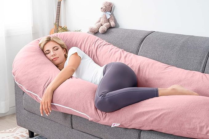 Meiz Pregnancy Pillow, Cooling Silky Pregnancy Pillows for Sleeping, 65" U Shaped Full Body Maternity Pillow for Pregnant Women, with Washable Jersey Cotton Cover, Pink