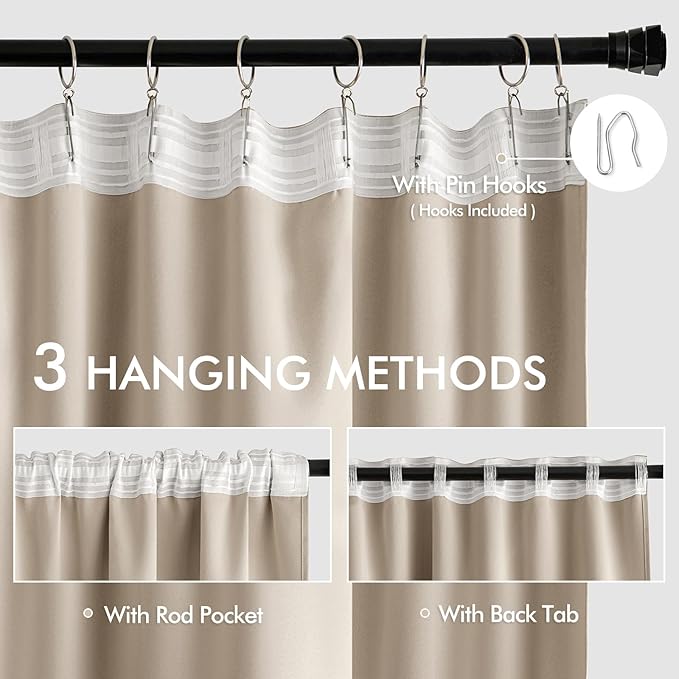 MIULEE Taupe Back Tab Blackout Curtains 72 Inches Long 2 Panels Set for Living Room Bedroom Privacy, Rod Pocket/Pinch Pleat Thermal Insulated Room Darkening Pleated Light Blocking Drapes
