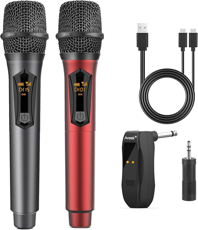 Aveek Wireless Microphone for Karaoke, 2.4GHz Rechargeable Karaoke Microphone(Work 10hs), for Speaker, Karaoke Machine,Church, Speech, Wedding, Party Singing, Grey&Red, 2 Packs