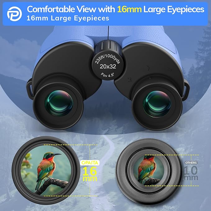 Compact Binoculars for Adults High Powered - OPAITA 20x32 Small Binoculars for Adults Kids with Low Light Vision for Hunting Cruise Ship Travel Concert Hiking Blue