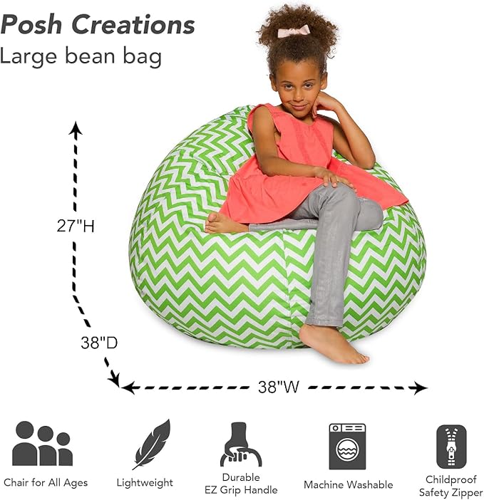 Posh Beanbags Bean Bag Chair, Large-38in, Pattern Chevron Green and White