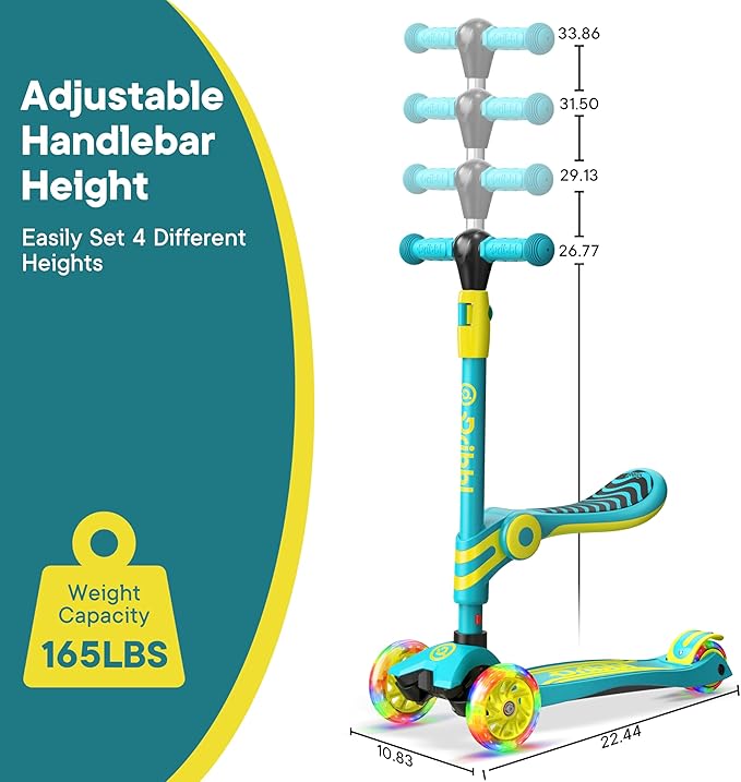 Aqua & Yellow 3 Wheel Scooter with Seat for Kids – Light-Up LED Wheels, Adjustable Handlebar and Seat, Smooth PU Wheels, Wide Anti-Slip Deck, Rear Foot Brake – Toddler Outdoor Toys for Ages 2+