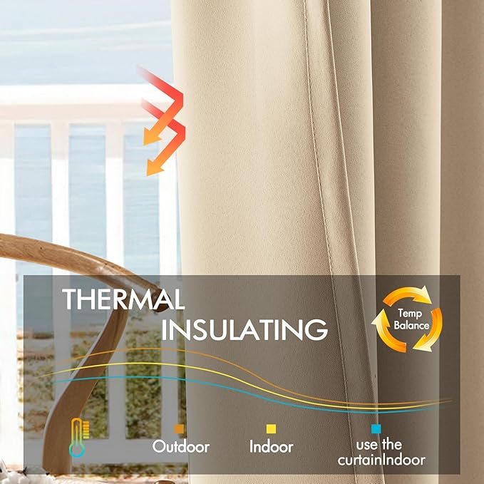 ANRODUO Back Tab Blackout Curtains for Bedroom Living Room, Rod Pocket Pinch Pleated Thermal Insulated Room Darkening Curtains 84 Inches Long 2 Panels, Beige, 42 x 84 Inch