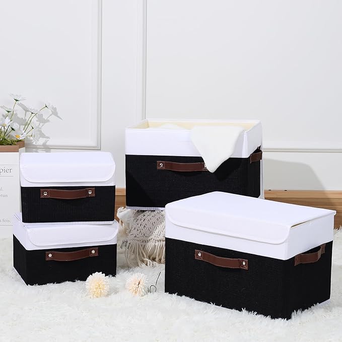 ANMINY 2PCS Storage Boxes with Lid Washable Decorative Storage Bins Basket with PU Leather Handle Foldable Linen Fabric Storage Cubes Containers for Home Closet Organizer - Black White, Large Size