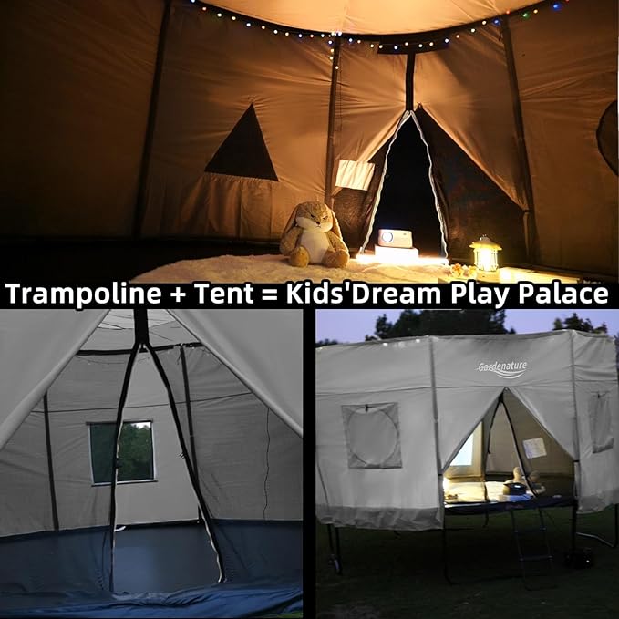 Gardenature 10FT/12FT/14FT Trampoline Tent(Tent Only), Fit Round Trampolines, Shade Cover with LED Light, Outdoor Trampolien Accessories, Anti-Tear, Beige