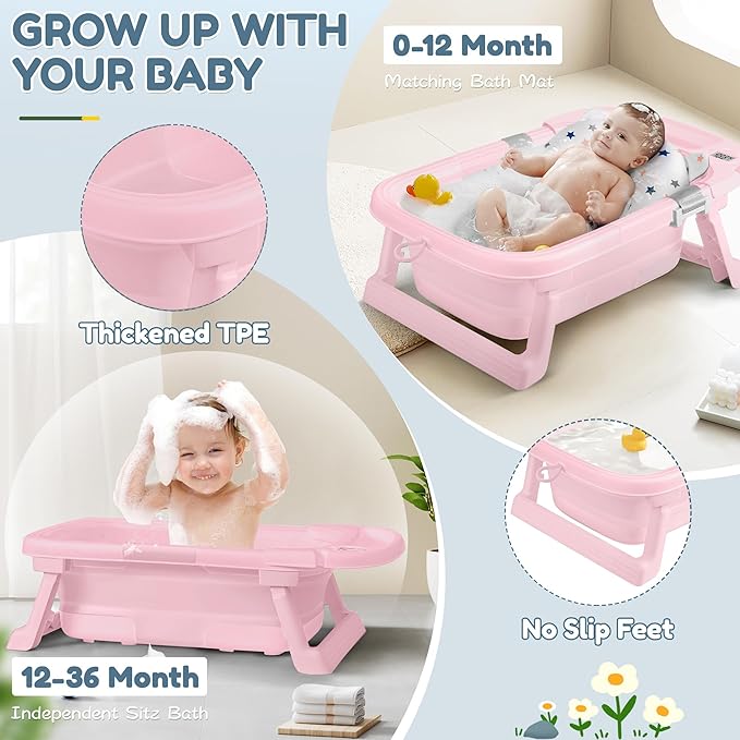 Collapsible Baby Bathtub,Baby Bath Tub with Thermometer & Soft Cushion,Baby Bathtub for Newborn to Toddler 0-36 Months,Portable Travel Baby Tub with No-Slip Feet,Baby Shower Gifts,Pure Pink