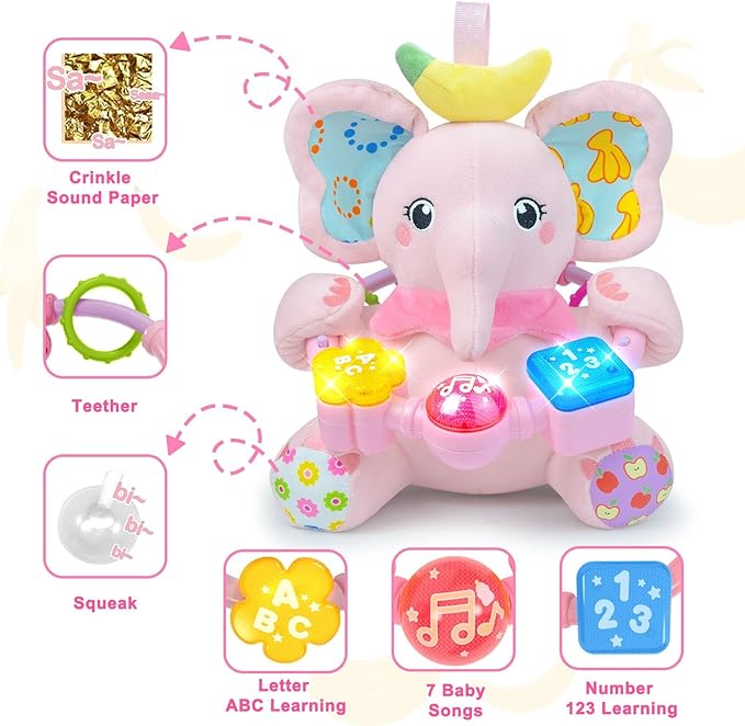 Baby Elephant Musical Stuffed Animals Toy with Light-Up Music & Crinkle Sound Paper,Infant Bilingual Early Learning Education Toys,Tummy Time Toys for 0-3-6-12+ Months Boy Girl, Pink