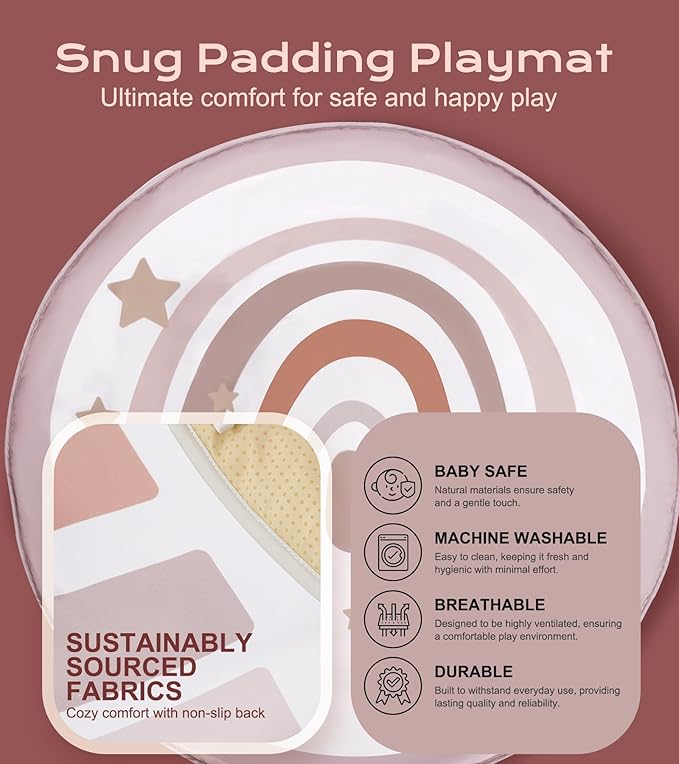 Baby Play Gym Mat, Tummy Time Activity Mat with 7 Detachable Toys and 12 Milestone Cards for Stage-Based Sensory and Motor Skill Development, Washable Play Mats for Infant, Newborn Baby Essentials