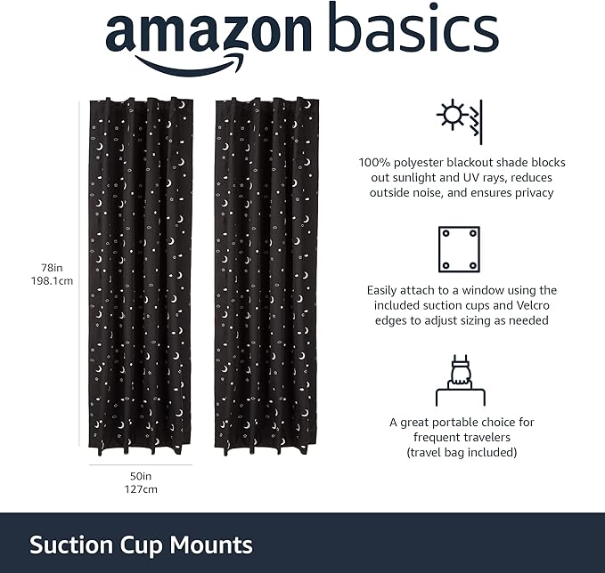 Amazon Basics Portable Blackout Curtain Shade with Suction Cups, 50" W x 78"L, 2-Pack, Moon and Stars