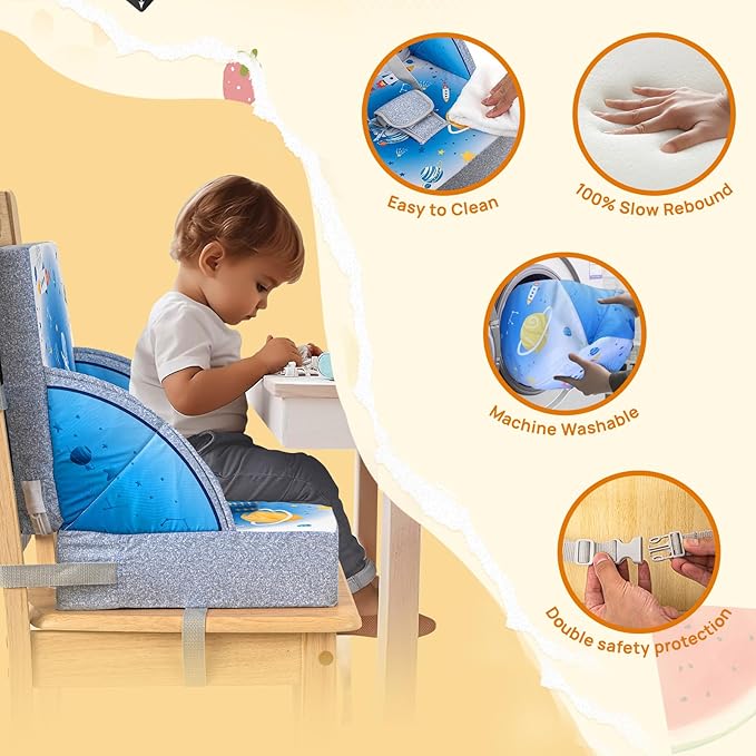 Toddler Booster Seat, Portable Baby Booster for Dining Table, Travel Toddler Chair with Adjustable Straps, Lightweight, Compact Design, Easy to Clean (Blue)