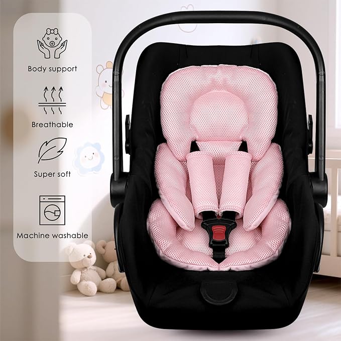 Infant Car Seat Insert for Newborn Girls Boys, Summer Mesh Baby Carseat Head Support with Strap Pads, Soft Reversible Baby Car Seat Insert Cushion Pad for Car Seat, Stroller, Bouncer, Swing, Pink