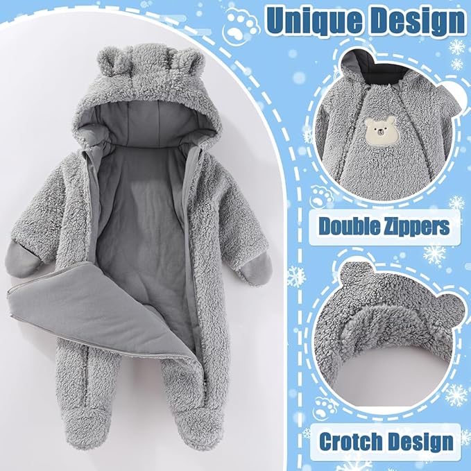 Fairy Baby Newborn Baby Winter Snowsuit Bear Thick Romper Footie Double Zip Hooded Jumpsuit Fleece Coat Infant Boy Girl 0-12M