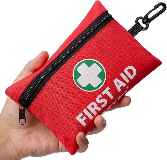 General Medi Mini First Aid Kit, 150 Piece Small First Aid Kit - Includes Emergency Foil Blanket, Scissors for Travel, Home, Office, Vehicle, Camping, Workplace & Outdoor (Red)