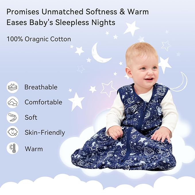 Baby Sleep Sack 0-6 Months 3 Pack 100% Cotton Lightweight 0.5 TOG Wearable Blanket Baby Sleep Bag with 2-Way Zipper for Newborn Infant Blue