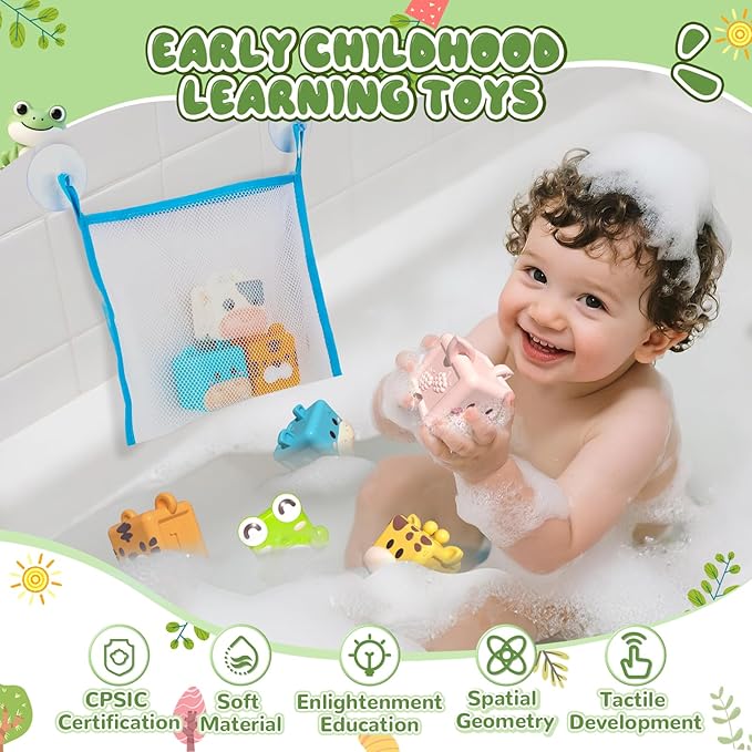 Animal Soft Gel Stacking Block Set Soft Silicone Baby Blocks Toys for 18 Months to 3 Years Old Early Learning Touch Bath Educational Toys with Numbers Animals Fruits Texture