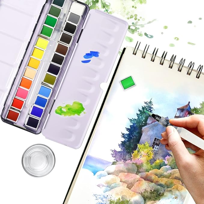 Watercolor Paint set, 24 Colors Premium Solid Watercolor Half Pans in Tin Box, 1 refillable Water Brush Pen, Art Pigment Kit Perfect for Artists Students Kids Beginners and Art Lovers
