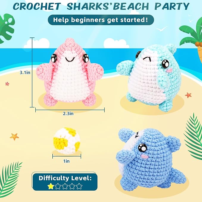 Crochet Kit for Beginners -3 PCS Sharks with a Ball Crochet Kit with Step-by-Step Video Tutorials, Beginner Crochet Kits for Adults Kids, Crochet Animal Kit, Shark Beach Party Crocheting Set