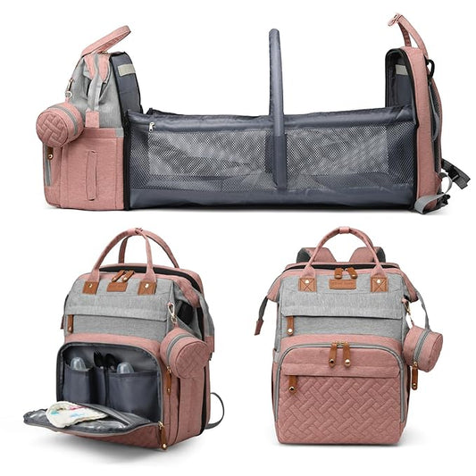 Jeryswet Baby Diaper Bags with Changing Station, Waterproof Large Capacity Diaper Bag Backpack for Moms Dads with USB Charging Port and Stroller Straps, Baby Shower Gifts, Pink-Grey