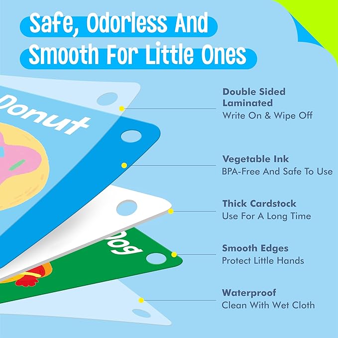 80 PCS Word Flashcards, Double Sided First Word Cards- Alphabet, Numbers, Foods, Animals, CVC Words, Colors & Shapes with 4 Reclosable Rings, Early Learning Tool for Pre-K Kindergarten Toddlers